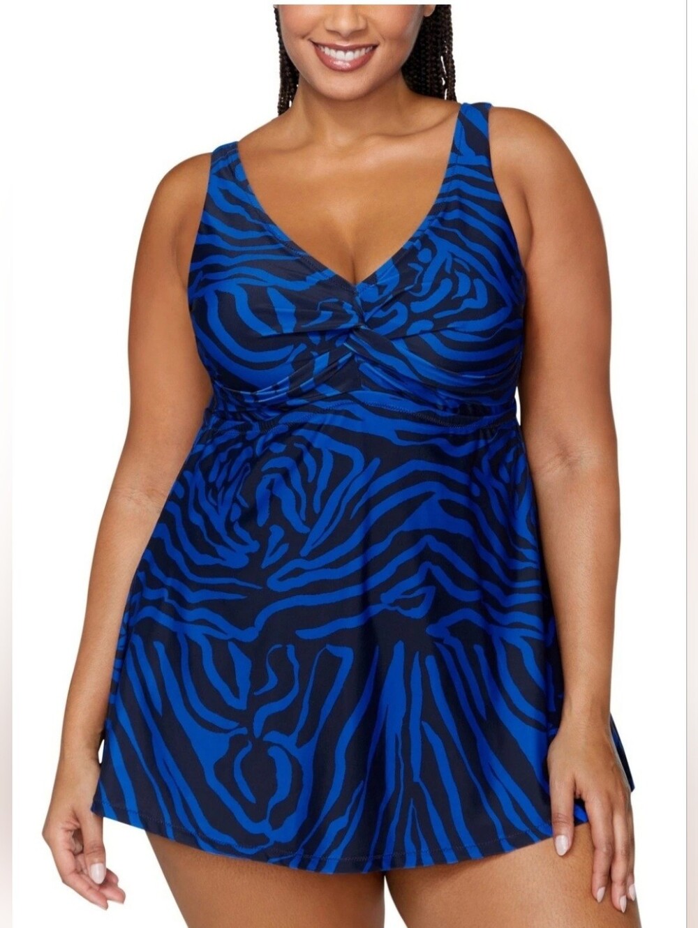 Raisins Curve Lucia Tummy-Control Swimdress NWOT Size 18W Blue/Black Zebra Print